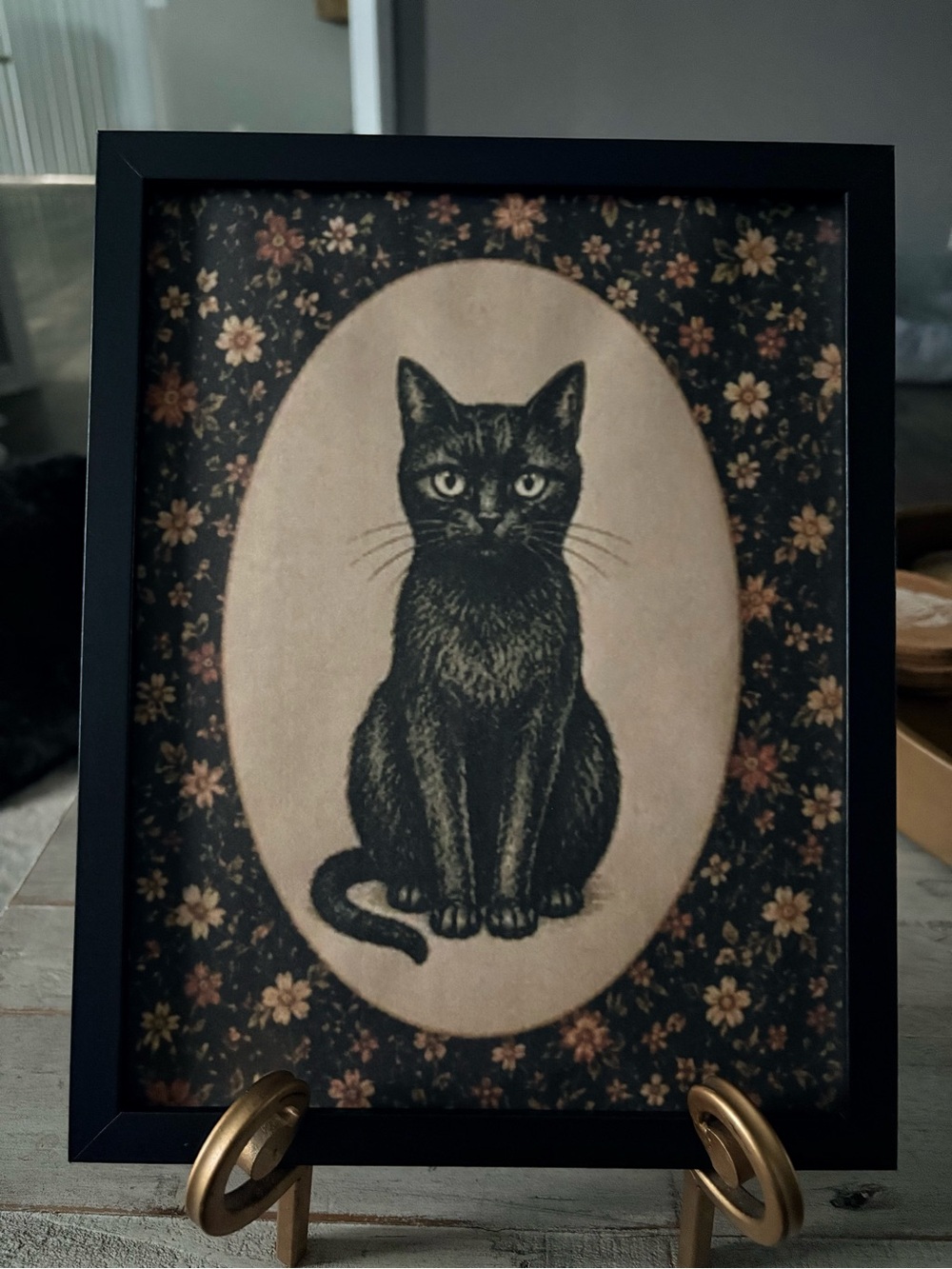 Framed Black Floral Cat Wall Art 8x10